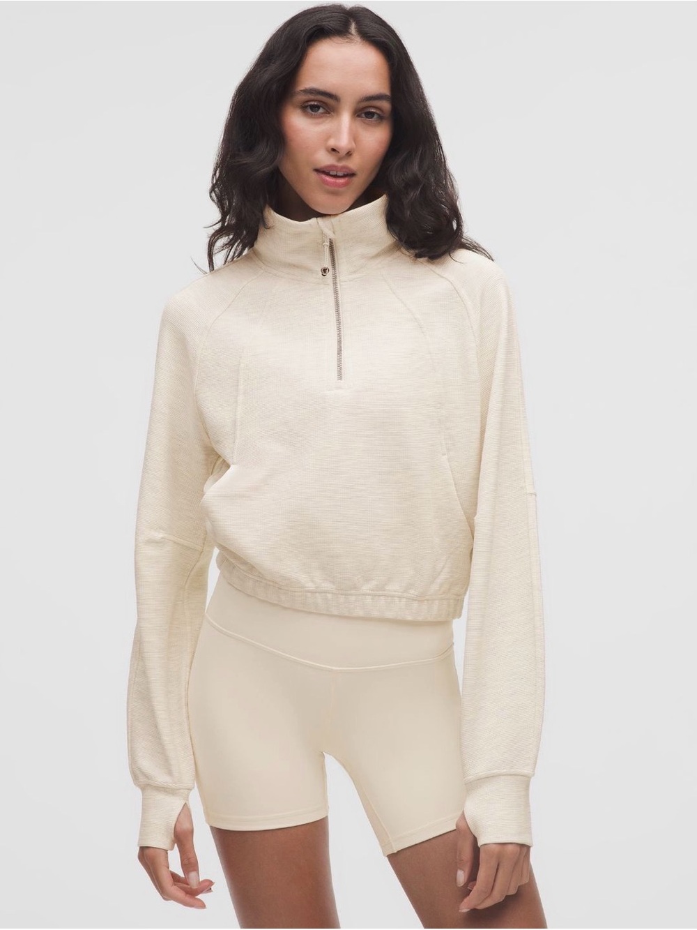 NWOT Lululemon Scuba Cropped Funnel-Neck Half Zip - Heathered Light Ivory